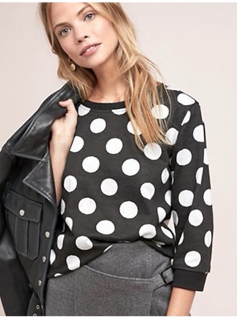 Blue Tassel- Black and White Polka Dot Crewneck Top- S